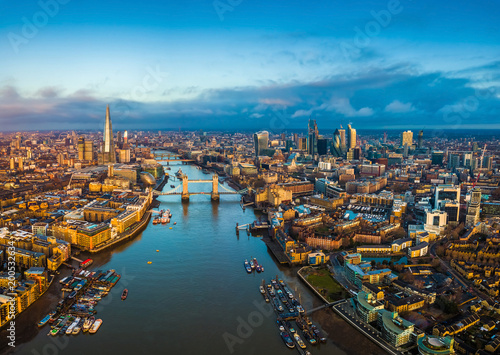 Photography London, England - Panoramic aerial skyline view of London including Tower Bridge