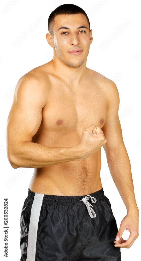 Topless young man bodybuilder posing isolated on white background Topless young man bodybuilder posing isolated on white background