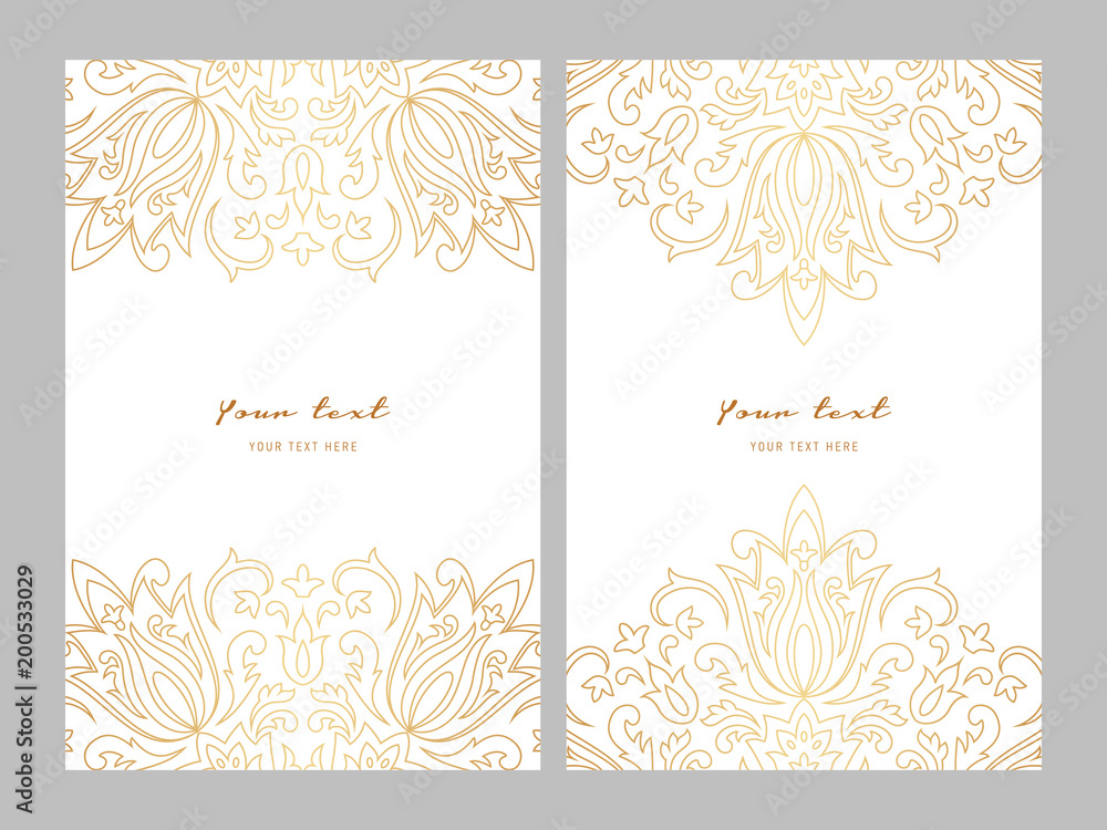 Greeting card golden ethnic patterns on white background