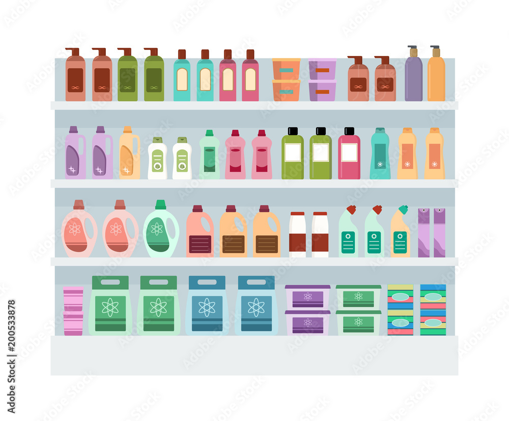 Shelves with household chemicals in the supermarket. Large rack isolated on white background. Flat style vector
Shelves with household chemicals in the supermarket. Large rack isolated on white background. Flat style vector