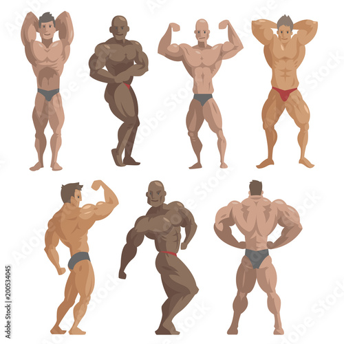 Bodybuilder sportsman vector characters muscular bearded man fitness male strong athlets model posing bodybuilding sport gym cartoon style illustration