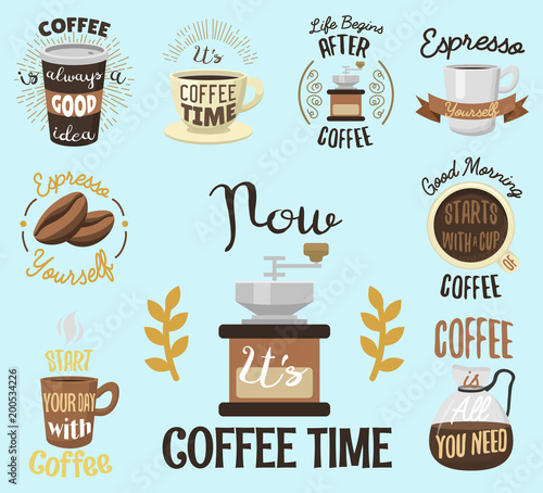 Vintage vector coffeeshop logo text labels and coffee drink love quote ribbon logo coffeebeans badges calligraphy break typography lettering