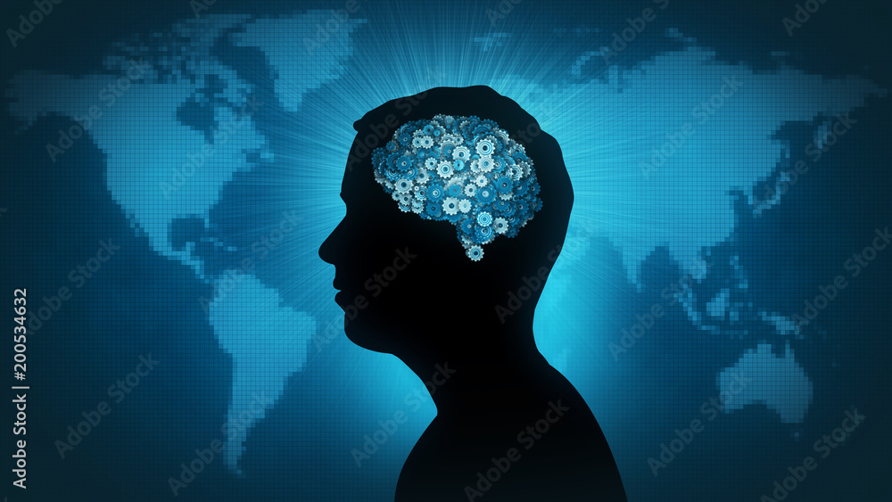 Man profile silhouette with gearwheel brain in front of Earth map