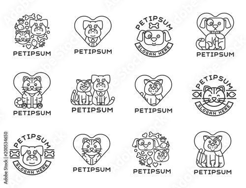 Pet cat and dog vector domestic insignia silhouette veterinary medical refuge shelter center for homeless pets animal element.