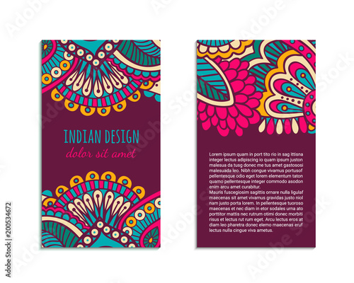 Indian style bright colorful mehendi ornament flyer. Front and back pages. Ornamental vertical blank with ethnic motifs. Paper brochure template. Oriental design concept. EPS 10 vector illustration.