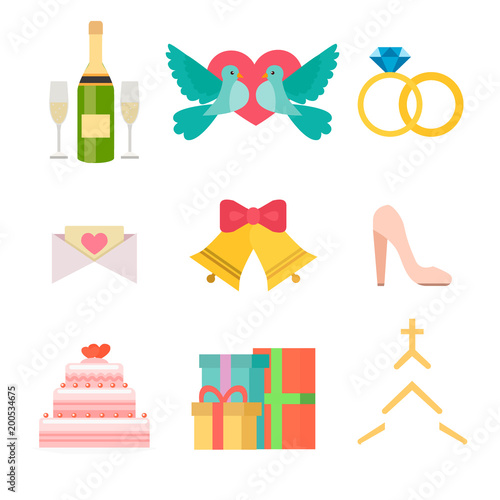 Wedding invitation celebration set flat anniversary romance decoration couple icons vector illustration