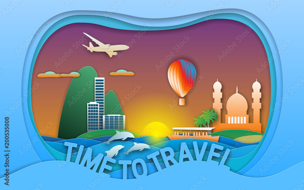 Time to travel vector illustration in paper cut style. Sunset, resort town, boat, mosque, hot air balloon, islands, dolphins and aircraft. Travel card design. Time to travel vector illustration in paper cut style. Sunset, resort town, boat, mosque, hot air balloon, islands, dolphins and aircraft. Travel card design.