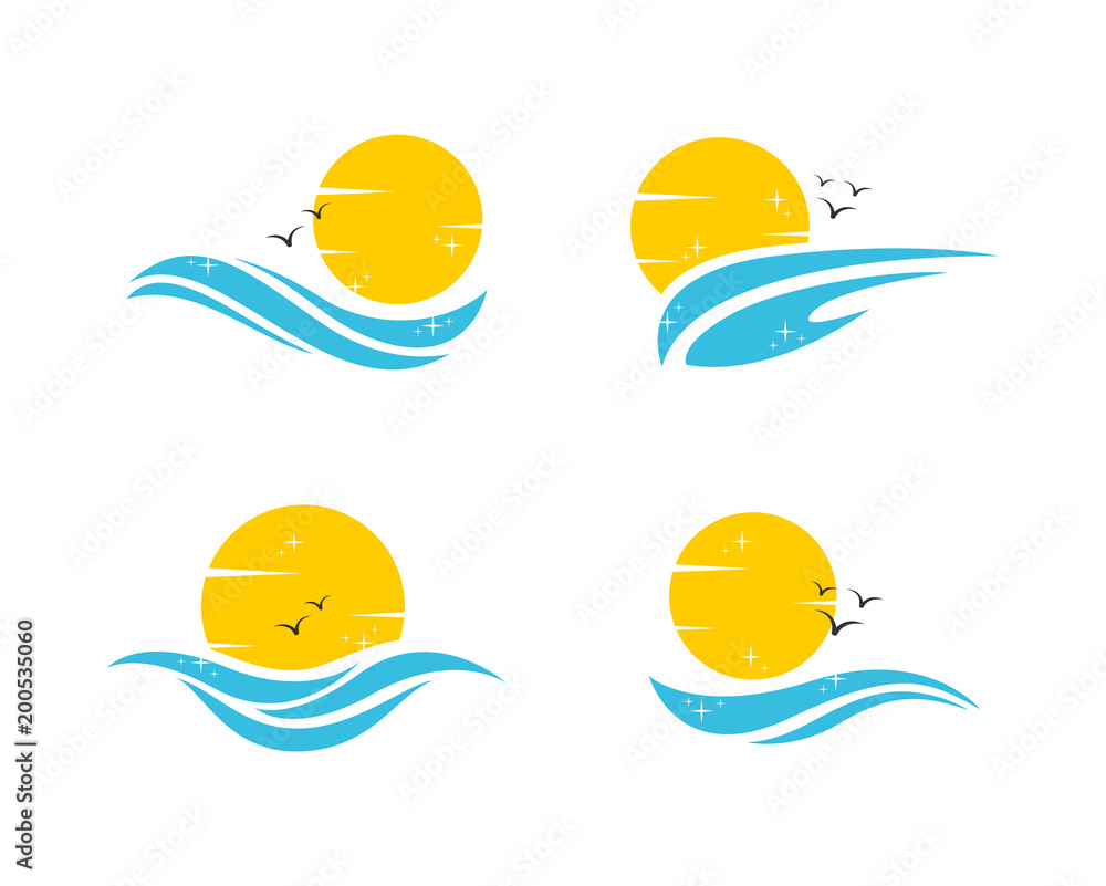 Set of Bright Sun and sea vawes icon logo sunrise sunset