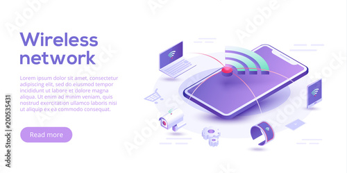 Internet of things layout. IOT online synchronization and connection via smartphone wireless technology. Smart home concept with isometric icons and symbols. Vector illustration.