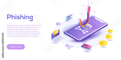 Phishing via internet isometric vector concept illustration. Email spoofing or fishing messages. Hacking credit card or personal information website. Cyber banking account attack. Online sucurity.