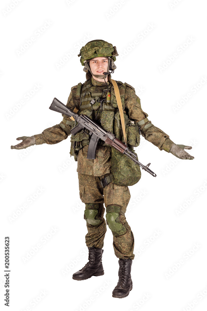 russian special forces soldier with rifle on dark background. army, military and people concept russian special forces soldier with rifle on dark background. army, military and people concept
