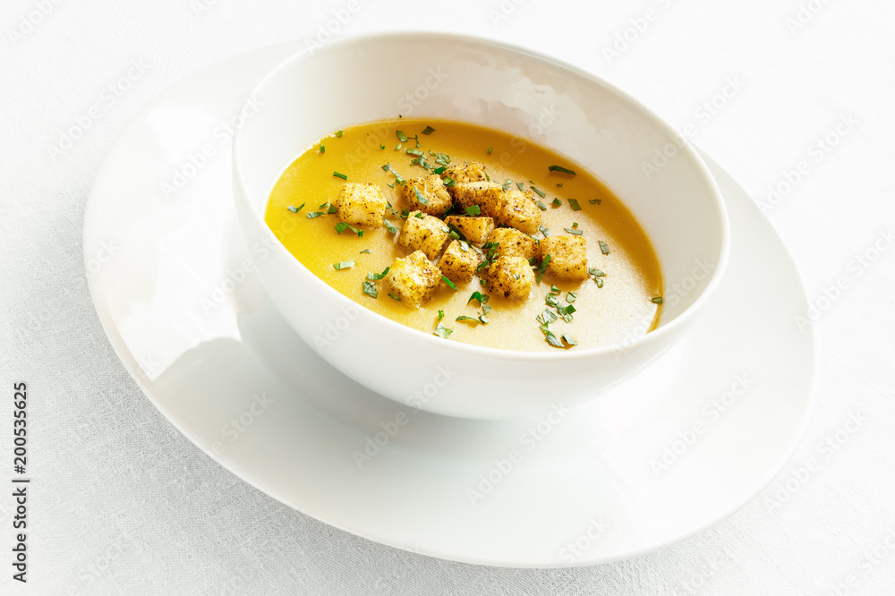 soup puree with croutons and herbs soup puree with croutons and herbs