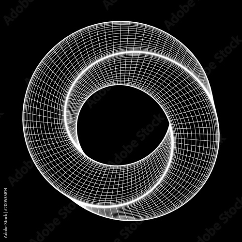 Mobius strip ring sacred geometry. Spatial figure with upturned surfaces. Optical illusion with dual circular contour. Wireframe low poly mesh vector illustration.
