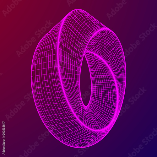 Mobius strip ring sacred geometry. Spatial figure with upturned surfaces. Optical illusion with dual circular contour. Wireframe low poly mesh vector illustration.