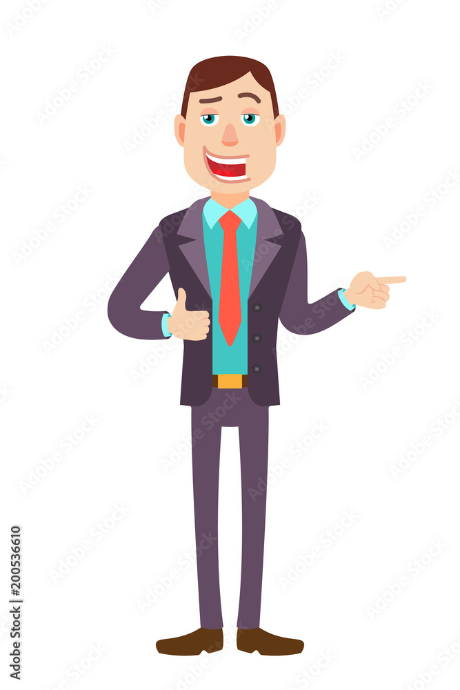 Businessman showing thumb up and pointing something beside of him Businessman showing thumb up and pointing something beside of him