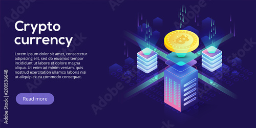 Cryptocoin mining farm layout. Cryptocurrency and blockchain network business isometric vector illustration. Crypto currency exchange or transaction process background.