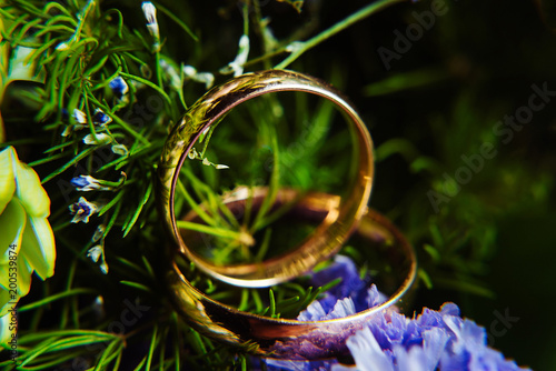 Wedding rings lie on a beautiful bouquet as bridal accessories. Macro photo