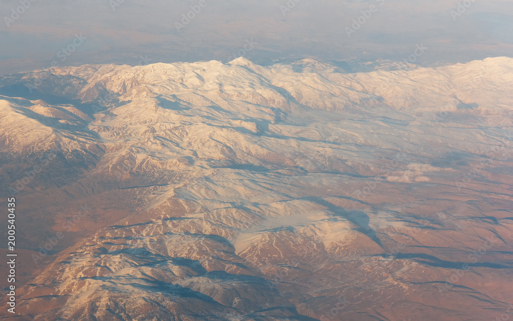 Beautiful aerial view landscape of mountains peaks in desert.