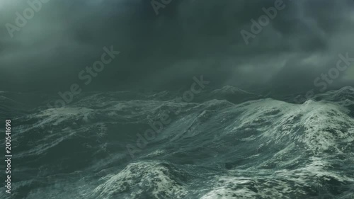 Stormy Ocean with dark cloudy sky and fog, digital animation