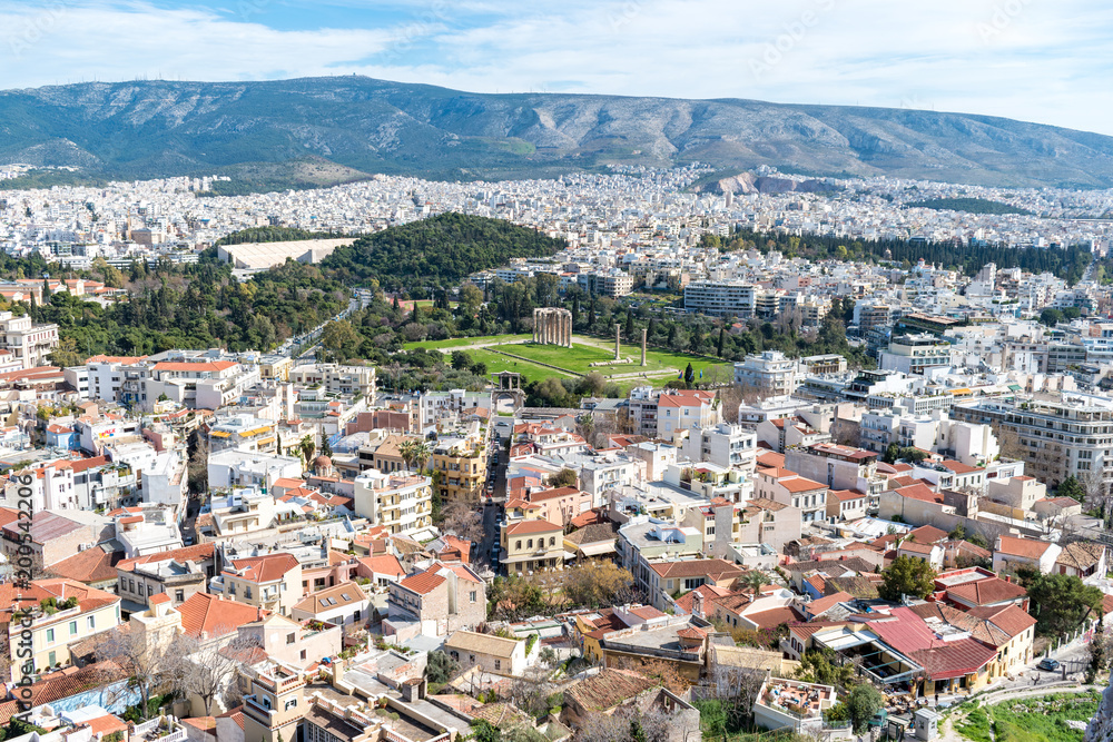 View of temple of Olympian Zeus and Athens, view from Acropolis hill.