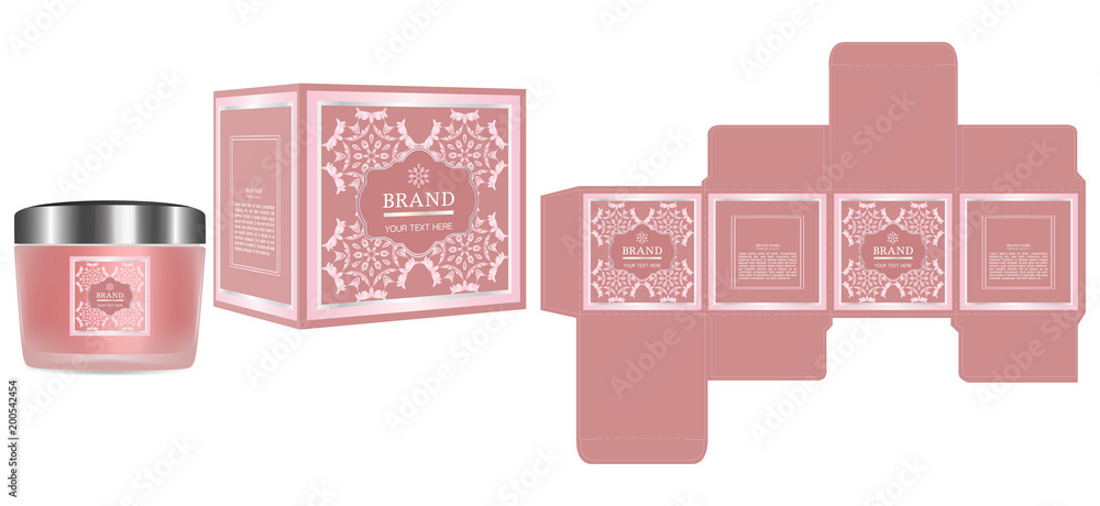 Packaging design, Label on cosmetic container with luxury box template and mockup box. illustration vector.	