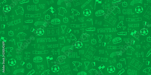 Hand drawn doodle soccer or football background. Isolated elements. Vector illustration