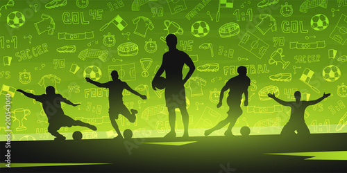 Football or Soccer design banner with hand draw doodle elements and football player silhouette. Soccer championship. Vector illustration