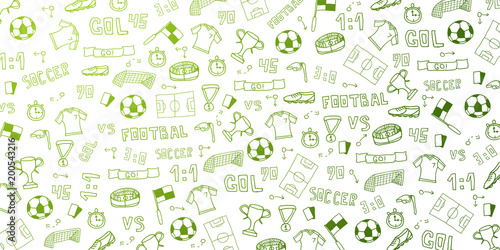 Hand drawn doodle soccer or football background. Isolated elements. Vector illustration