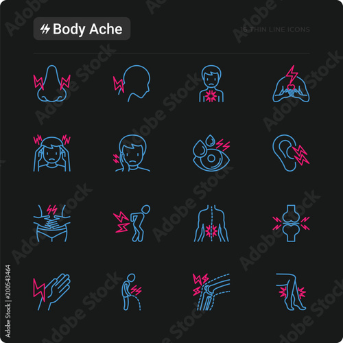 Body aches thin line icons set: migraine, toothache, pain in eyes, ear, nose, when urinating, chest pain, menstrual, joint, arthritis, rheumatism. Modern vector illustration for black theme.