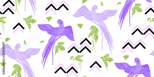 Parrots with tropical leaves seamless background pattern. Vector illustration hand drawn. Embroidery design.