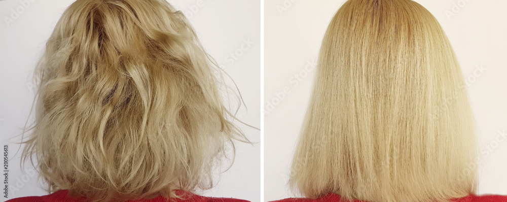 Hair woman before and after straightening Stock Photo | Adobe Stock