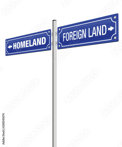 HOMELAND and FOREIGN LAND, written on two signposts. Symbol for emigration, flight, expulsion, banishment, exile, exodus and homesickness - isolated vector illustration on white background.