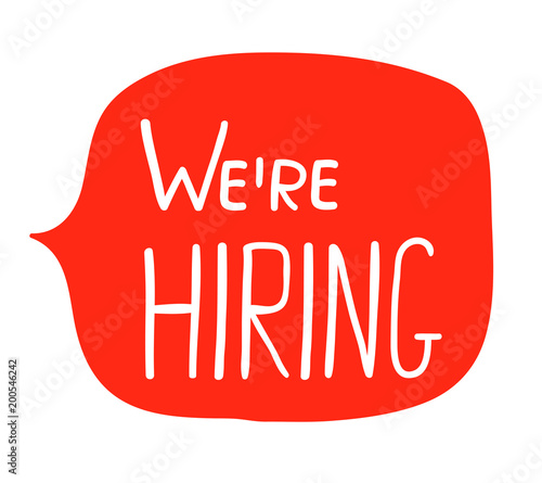 Hand written white text on red background - we're hiring in speech bubble