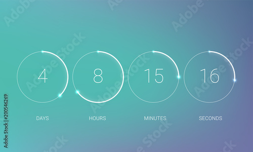 UI countdown clock counter timer. Vector digital count down circle board with circle time pie diagram. Scoreboard of day, hour, minutes and seconds for web page upcoming event template design.