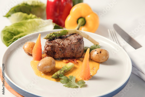 Delicious Grilled steak with steamed vegetables