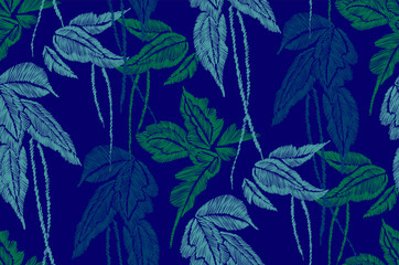 Acrylglasbilder Dunkelblaue Muster Handgezeichnete Tropenblätter Stickerei Design  © Elena