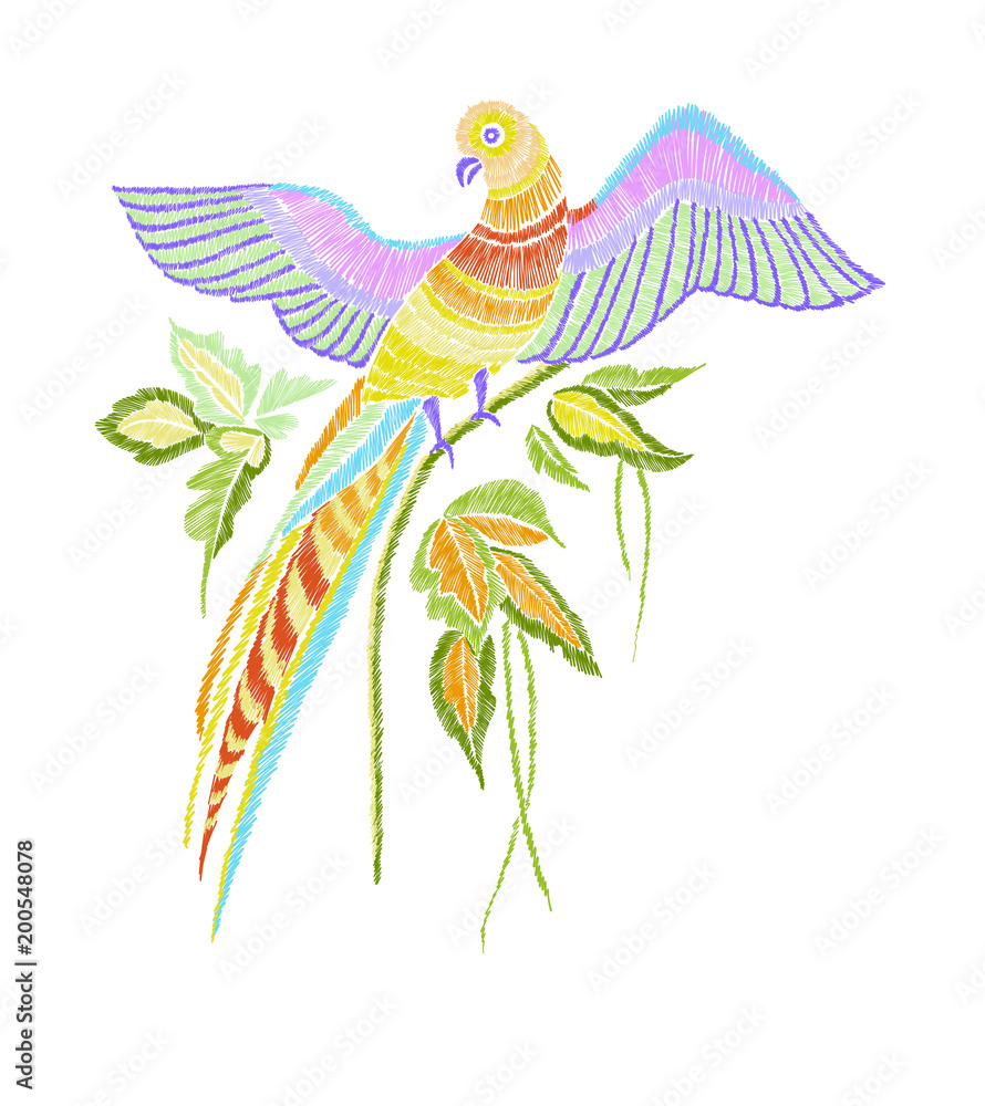 Obraz premium Embroidery pattern with parrot and tropical leaves. Vector illustration hand drawn. T-shirt print design.
