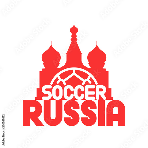 Vector icon label football ball and moscow cathedral with lettering soccer russia