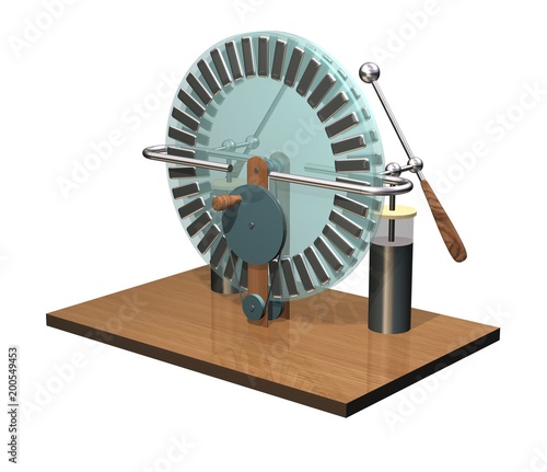 Wimshurst machine with two Leyden jars. 3D illustration of electrostatic generator. Physics. Science classrooms experiment. Isolated on a white background. photo
