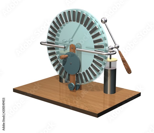 Wimshurst machine with two Leyden jars. 3D illustration of electrostatic generator. Physics. Science classrooms experiment. Isolated on a white background.