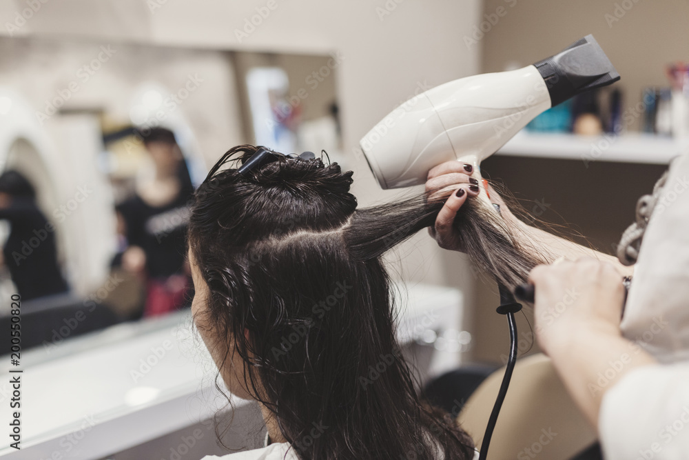 Fototapeta premium Female hairdresser making hairstyle to young woman in hair salon