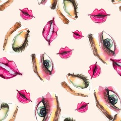 Fototapete Augenmuster Aquarell Make-up Augen und Lippen  © Jane Lane