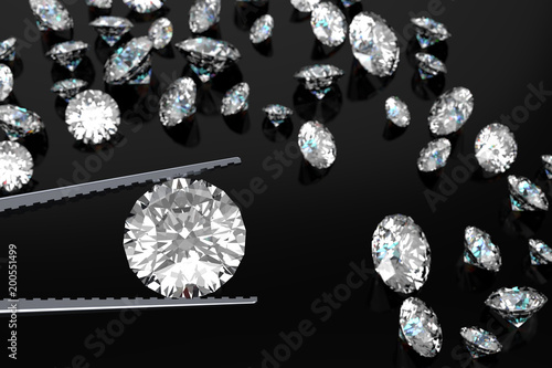 3D rendering Luxury diamonds in tweezers on black background