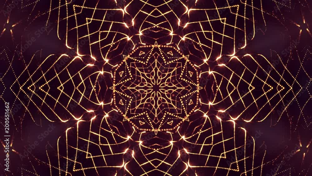 3d loop animation as science fiction background of glowing particles with depth of field and bokeh for vj loop. Particles form line and surface grid. V19 red gold