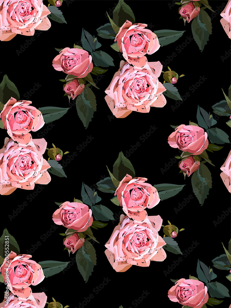 Floral seamless background pattern. Watercolor pink garden roses in hand drawn style. Elegant flowers, vector illustration for textile, wrapping paper, wedding card.