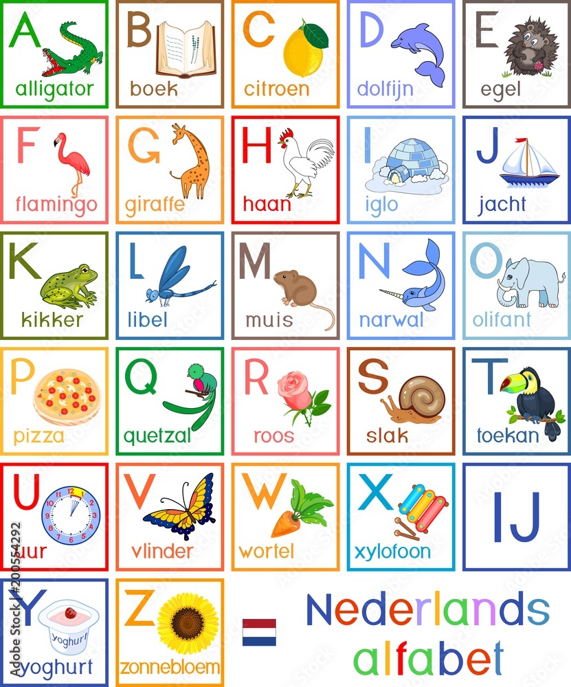 Colorful Dutch (Nederlands) alphabet with pictures and titles for children education