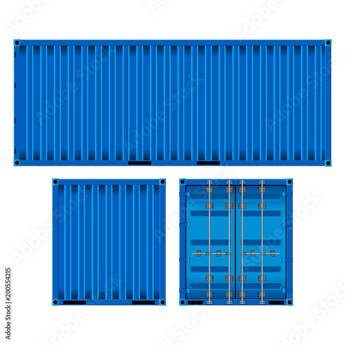 realistic image of the blue container on three sides, isolated on white background