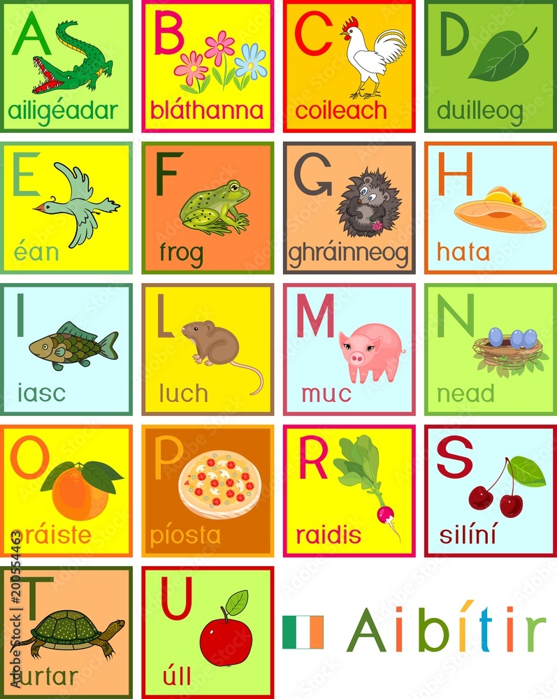 Fototapeta premium Colorful Irish alphabet with pictures and titles for children education