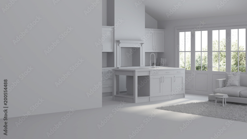 Fototapeta premium Modern interior of a country house. Repairs. Gray interior. 3D rendering.