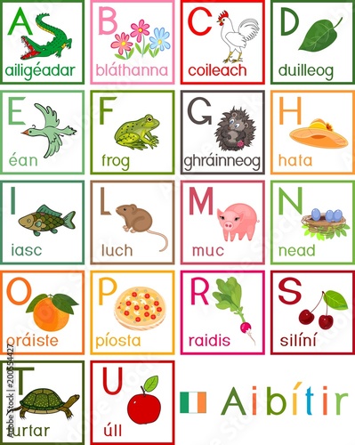 Colorful Irish alphabet with pictures and titles for children education